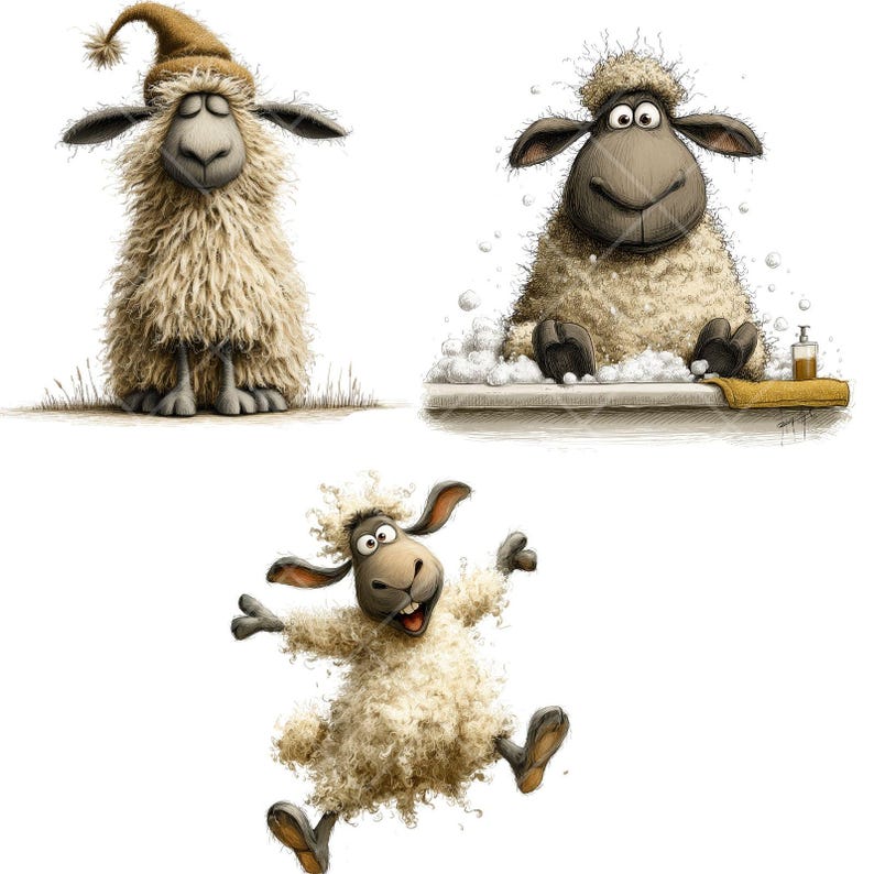 May include: Three cartoon illustrations of sheep. One sheep wears a brown hat, another is in a bubble bath, and the third is jumping with joy. The sheep have fluffy, beige wool and expressive faces. The style is whimsical and playful.