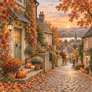 May include: A stone cottage entrance adorned with orange autumn leaves, featuring a green door, a wall lantern, and potted chrysanthemums with pumpkins on the steps. A cobblestone path leads toward a distant lake and village at sunset.