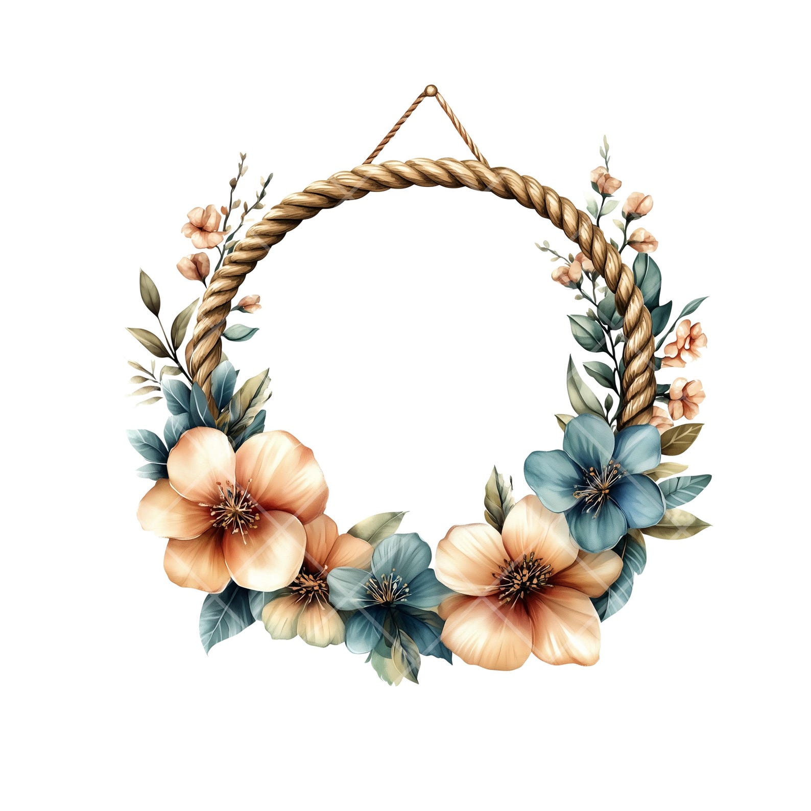 Watercolor Rose Wreath Clipart: Boho Rope Frames (PNG Digital Download ...