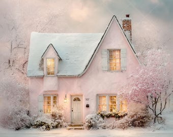 14 Winter Cottage Clipart JPGs, Pink Christmas House Illustrations, Cozy Snowy Home Art, Holiday Digital Download for Cards and Crafts