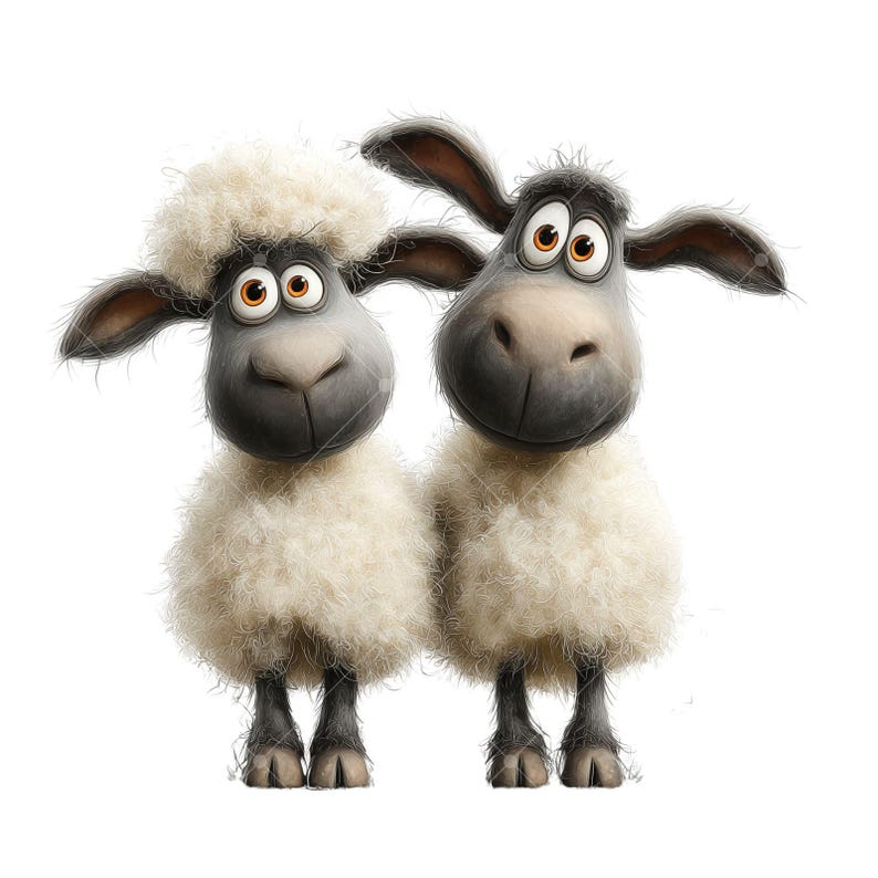 May include: Two cartoon sheep stand side-by-side, facing forward. They have fluffy white wool, gray faces, and large, expressive orange eyes. Their ears are dark gray, and they have black hooves. The background is plain white.
