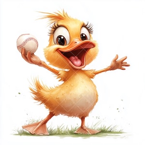 Uroczy Baseball Duck Clipart – 10 zabawnych ilustracji z kreskówkową kaczką dla dzieci, motyw sportowy, pobieranie cyfrowe, zabawna sztuka zwierząt, miłośnik baseballu