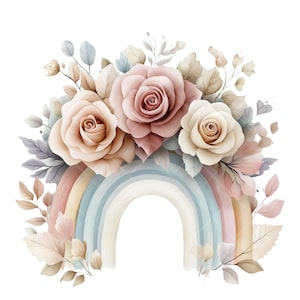 9 PNG Clipart de arco-íris pastel aquarela | Arco-íris floral boho com rosas para scrapbooking, convites e designs digitais, estilo boho