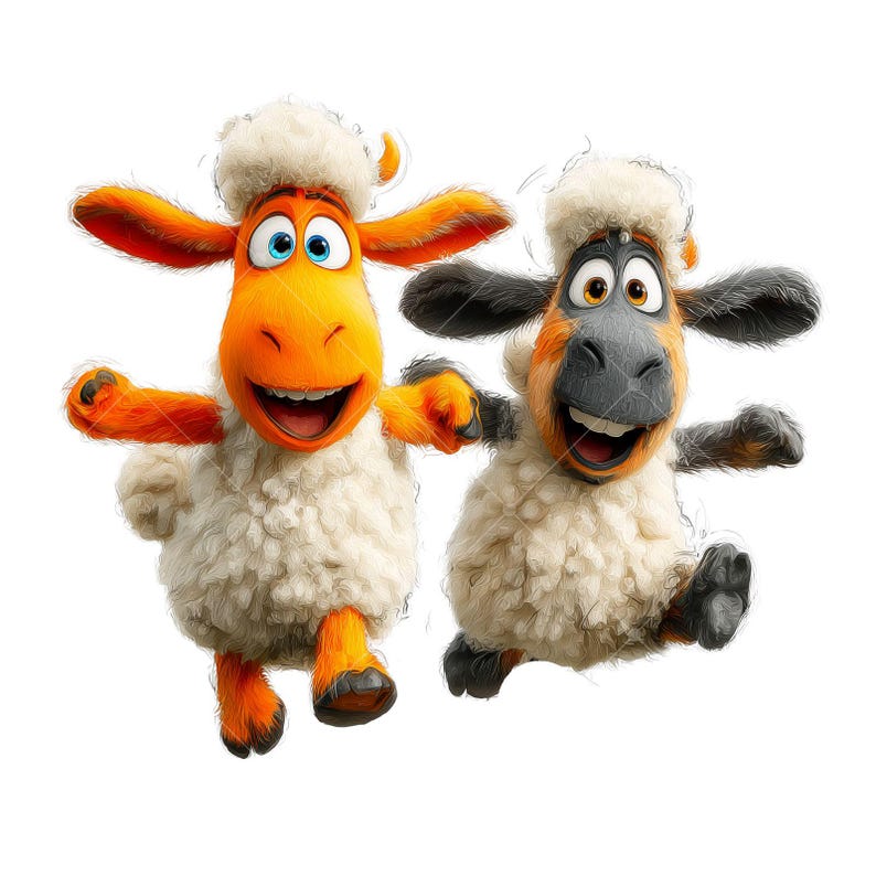 May include: Two cartoon sheep with orange faces and limbs, and white fluffy wool. They are smiling with their mouths open, and their arms are outstretched as if they are jumping. The background is white.
