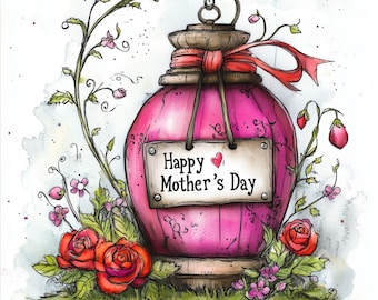 May include: A watercolor illustration of a pink lantern with the text "Happy Mother's Day" on a sign. Red roses and greenery surround the lantern, with a red ribbon tied around the top. The background is a soft watercolor wash.