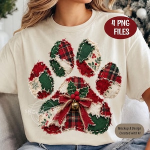 4 PNG Christmas Paw Print Shirt Designs, Patchwork Pet Paw Sublimation Bundle, Plaid Dog  Cat Xmas T-Shirt Sublimation Digital Download