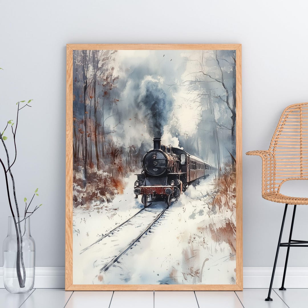 Vintage Train Wall Art Download Wintry Snow Scene Decor