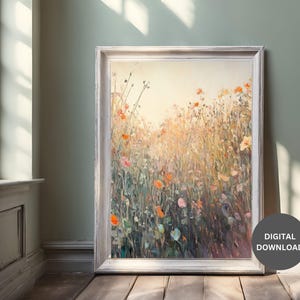 Vintage Wildflower Field Painting: Rustic Farmhouse Wall Art (Digital Download)