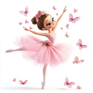 Könnte beinhalten: Eine Ballerina-Puppe mit einem rosa Tutu und einer Blumenkrone tanzt mit rosa Schmetterlingen um sie herum.