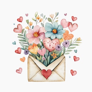 May include: Watercolor illustration of a bouquet of flowers and hearts emerging from a beige envelope. The flowers are pink, blue, and orange, with green leaves. Red, pink, and orange hearts surround the envelope, creating a romantic theme.