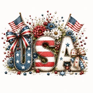 Pode incluir: Um design patri&oacute;tico com a palavra "USA" em vermelho, branco e azul, com uma bandeira americana e detalhes florais. As letras s&atilde;o decoradas com estrelas e listras, e o design inclui la&ccedil;os e pequenas bandeiras.