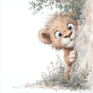 Può includere: Illustrazione ad acquerello di un cucciolo di leone curioso che sbuca da dietro un albero. Il cucciolo ha grandi occhi espressivi e un'espressione sorpresa. L'opera presenta colori tenui e naturali e un fogliame dettagliato.