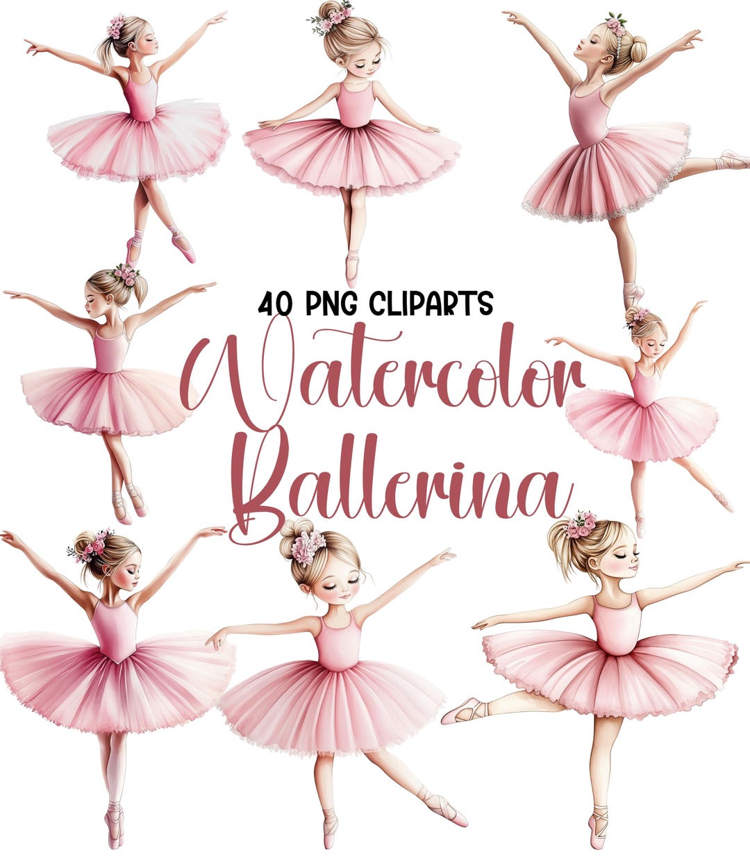 Watercolor Ballerina Clipart: Pink Ballet Dancer 40 Pngs (digital ...