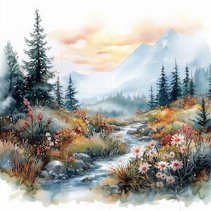 10 aquarel Cliparts met boslandschappen Pittoreske natuurillustraties met rivier, bloemen en bomen voor muurkunst, tijdschriften en kaarten