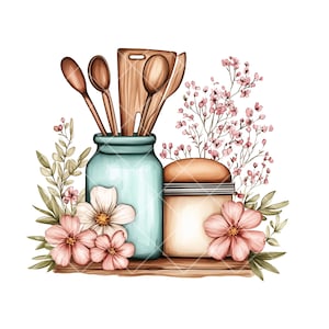 気まぐれな水彩画のベーカリー クリップアート - かわいい道具と花の装飾の 10 個の PNG、デジタル ダウンロード、ペーパー クラフト、ジャンク マガジン、ベーキングをテーマにした