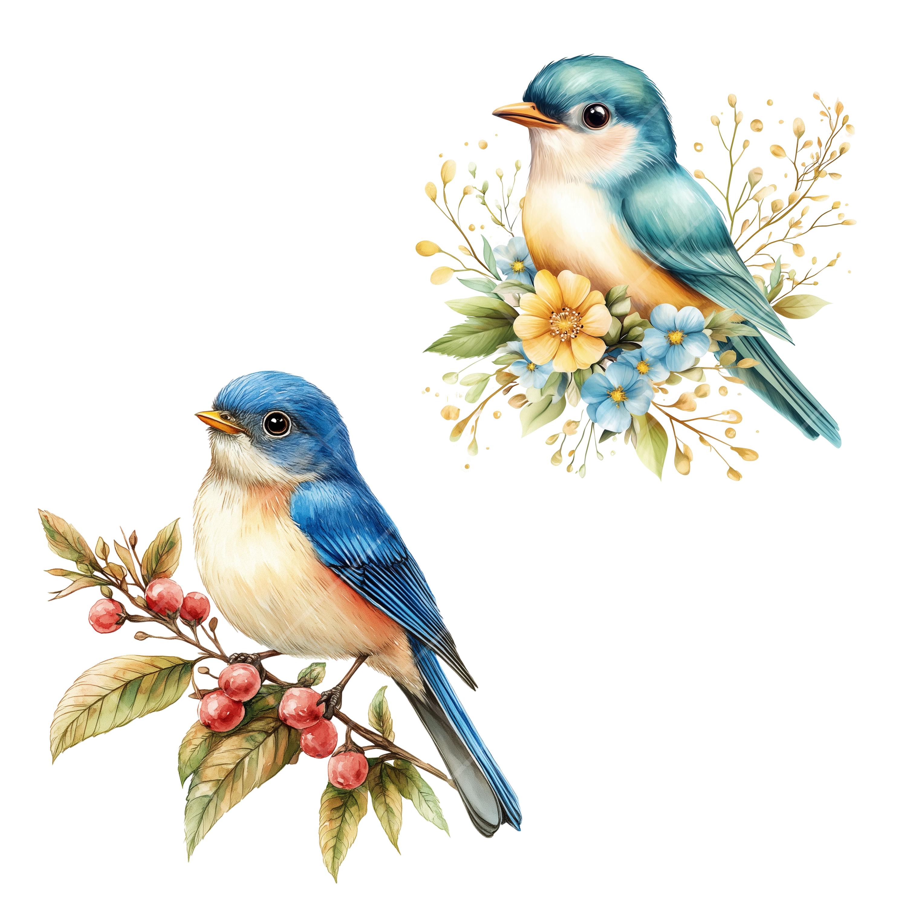 花と鳥のクリップアート：枝に止まる水彩画の春の鳥（デジタル