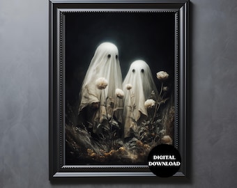Stampa vintage di fantasmi tra fiori selvatici: decorazioni gotiche in stile cottagecore per Halloween (download digitale)
