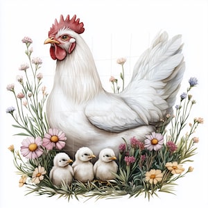 12 cliparts aquarelles de poule et de fleurs – Art rustique de poulet de ferme en fleurs pour une décoration murale imprimable, du scrapbooking et du design cottagecore
