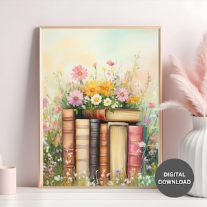 Floral Botanical Vintage Book Stack Digital Download | Wall Art Print for Home Library Decor | Book Lover Gift Print, Wildflower Wall Art