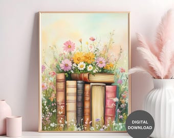 Floral Book Stack Print: Vintage Botanical Wall Art (Digital Download)