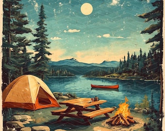 18 JPG Camping Clipart Bundle-Vintage-Stil | Lagerfeuer Zelt Canoe See Wald Retro Art | Digitaler Download für Sublimation & Kunsthandwerk