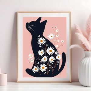 Boho Black Cat Daisy Art Print: Minimalist Botanical Poster (JPG)