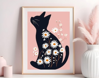 Boho Black Cat Daisy Art Print: Minimalist Botanical Poster (JPG)