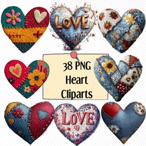 May include: A collection of nine heart-shaped cliparts with a patchwork design. The hearts feature various colors, textures, and patterns, including floral and denim elements. The text "LOVE" is displayed on two of the hearts. The image also includes the text "38 PNG Heart Cliparts".
