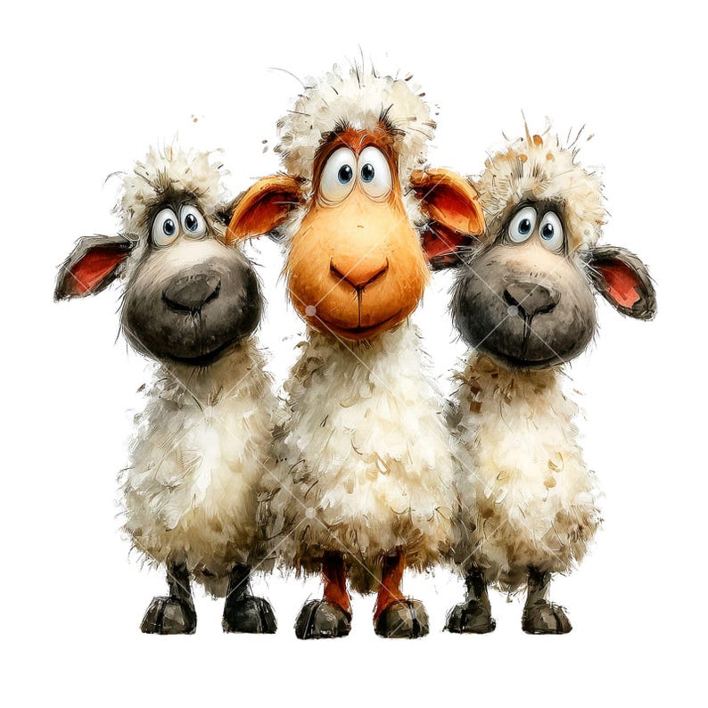 May include: A whimsical illustration features three cartoon sheep with fluffy white wool. The sheep have expressive faces with large eyes, and their noses and ears are shades of brown and pink. The sheep are standing close together against a white background.