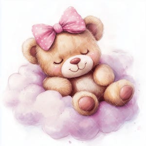 20 cliparts aquarelle JPG : ours en peluche endormi sur un nuage, oeuvre d'art pour chambre d'enfant ours mignon, illustrations d'animaux pastel rêveurs pour travaux manuels et décoration