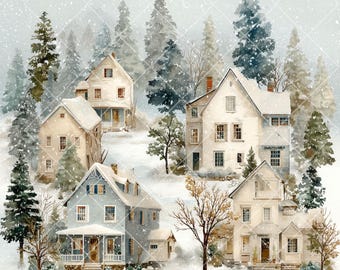 May include: Watercolor painting of several houses nestled in a snowy landscape. The houses are various colors, including white and blue, with snow-covered roofs. Evergreen trees and bare trees surround the houses, with a soft, snowy background.
