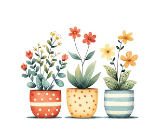 Puede incluir: Tres plantas en maceta con flores de colores. Las plantas están en macetas de lunares y rayas. Las flores son rojas, naranjas y amarillas.