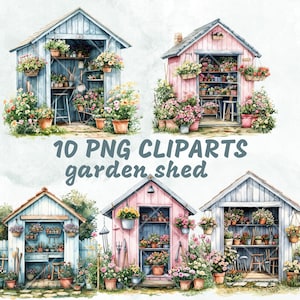 10 PNG Cliparts, charmanter Gartenschuppen mit Blumen, Vintage Gartendekoration, hochwertige digitale Illustrationen für kreative Projekte, Gartenschuppen