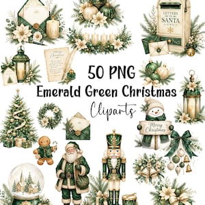 50 smaragdgröna jul Clipart PNG-paket, eleganta akvarell julelement, beige guld vinterillustrationer