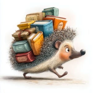 Op de afbeelding: Een cartoonegel met een stapel kleurrijke boeken op zijn rug. De boeken zijn in verschillende maten en kleuren, waaronder blauw, oranje en geel. De egel heeft een lichtbruin gezicht met roze wangen en een zwarte neus en loopt op een witte achtergrond.