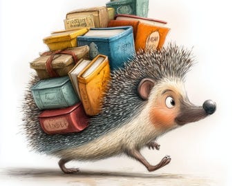 May include: A cartoon hedgehog carrying a stack of colorful books on its back. The books are various sizes and colors, including blue, orange, and yellow. The hedgehog has a light brown face with rosy cheeks and a black nose, and is walking on a white background.