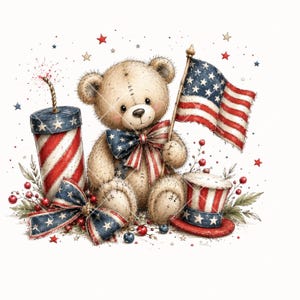 Pode incluir: Ilustra&ccedil;&atilde;o de um urso de pel&uacute;cia com uma bandeira americana, uma gravata borboleta e um la&ccedil;o a condizer vermelhos, brancos e azuis. Um fogo de artif&iacute;cio e um chap&eacute;u de cartola tamb&eacute;m s&atilde;o apresentados, tudo num tema patri&oacute;tico.
