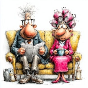 May include: A cartoon illustration of a couple on a yellow sofa. The man reads a newspaper, the woman holds a blue teacup. Both wear glasses and have exaggerated features. The woman has pink curlers in her hair. A humorous depiction.