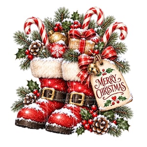 May include: A pair of red boots with white fur trim, black straps, and gold buckles, decorated with pine branches, candy canes, red ornaments, a gift box, and a tag with the text Merry Christmas, all dusted with white snow and red berries.