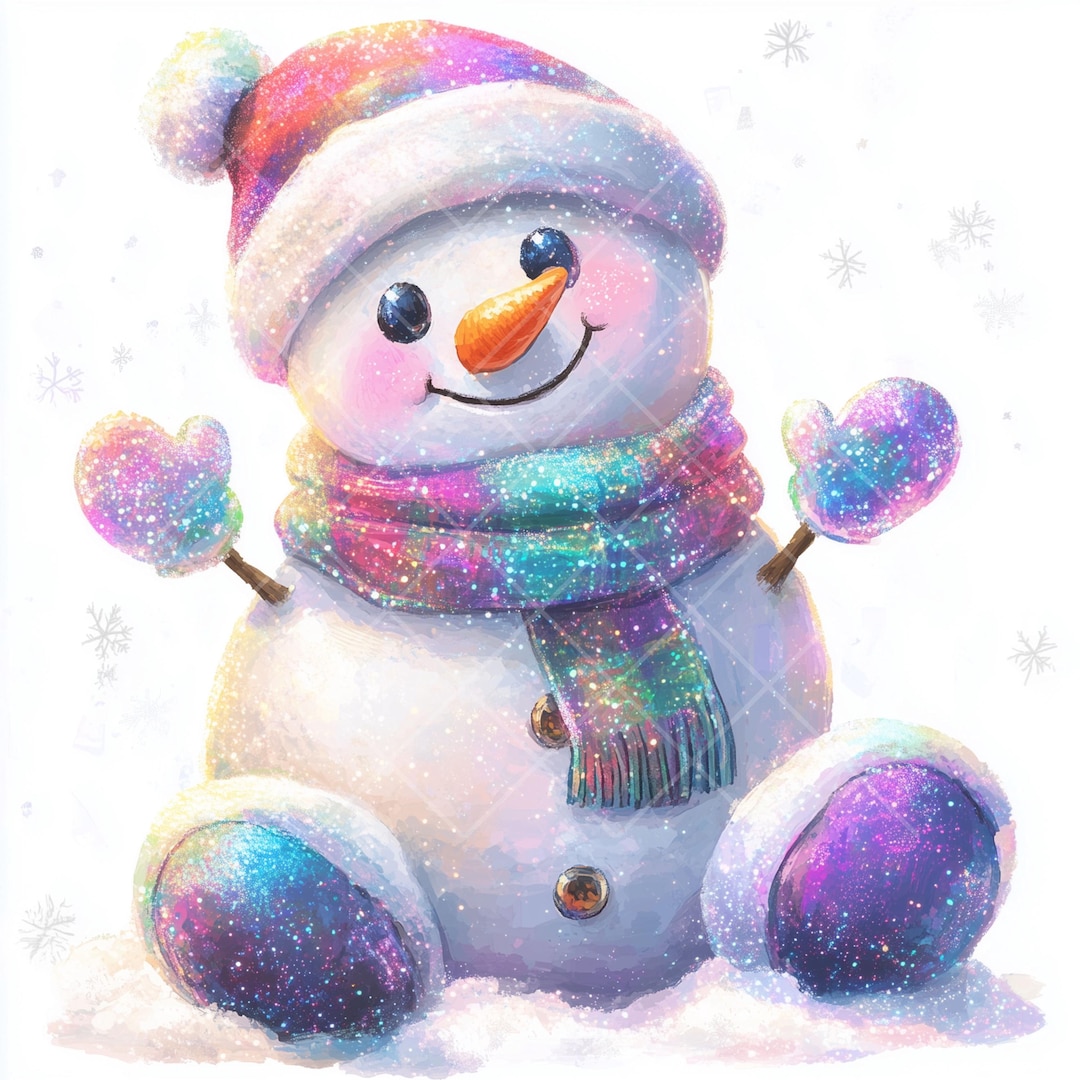 15 Glitter Watercolor Snowman Clipart Set, Sparkling Rainbow Winter ...