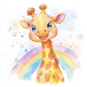 Clipart di arcobaleno pastello ad acquerello e giraffa neonata: 14 file JPG, simpatica arte di animali della giungla per cameretta dei bambini, baby shower, sublimazione e decorazioni.