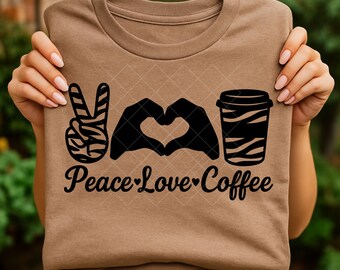 Peace Love Coffee PNG, Minimalist Coffee Cup Design, Boho Hand Symbol Art, Peace Sign Clipart, Modern Sublimation File for Mug Shirt Decor