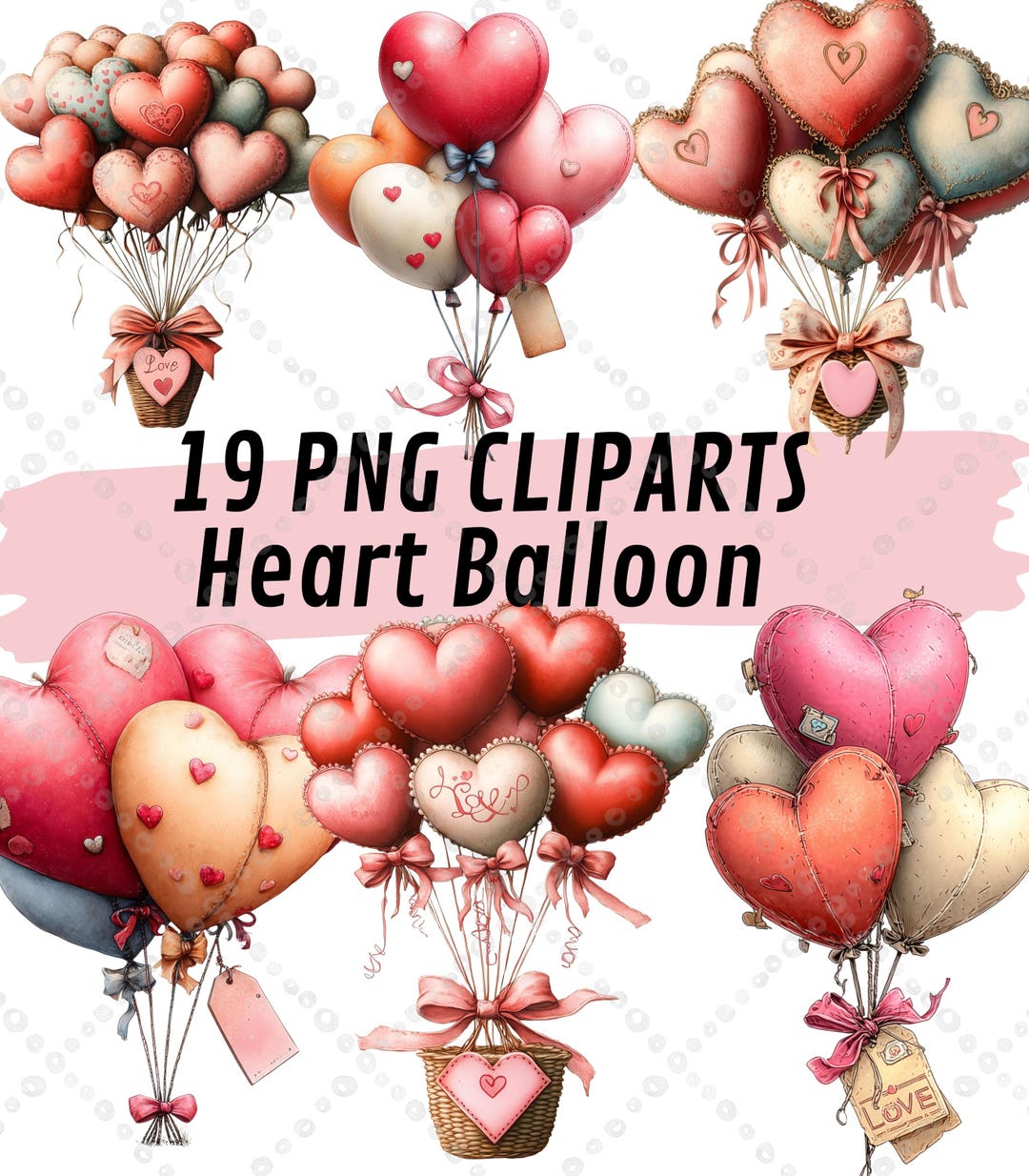 19 Heart Balloon PNG Clipart Set, Valentine Watercolor Illustrations ...