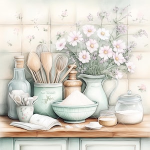 10 imágenes prediseñadas de panadería en formato JPG, una acogedora escena de cocina en acuarela pastel con utensilios para hornear, flores y motivos para hornear, manualidades de papel, revistas basura,