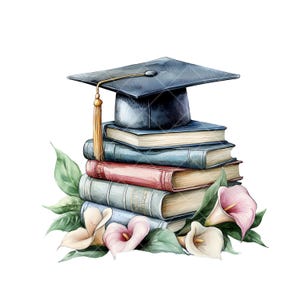 Clipart del cappello di laurea dell'acquerello - Libri vintage con fiori, 12 file PNG trasparenti, tema accademico, successo scolastico,