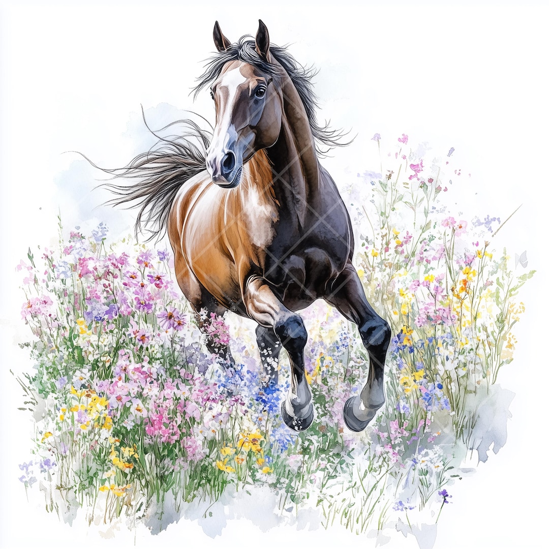 水彩画の馬のクリップアートセット：エレガントな野花の草原アート