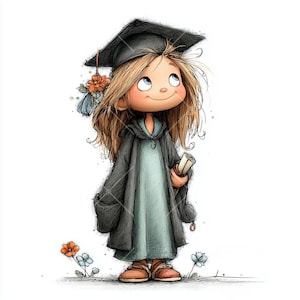 Può includere: Illustrazione di un cartone animato di una ragazza con cappello e toga di laurea, che guarda in alto con un sorriso. Tiene in mano un diploma arrotolato. L'immagine è in stile acquerello, con colori tenui.