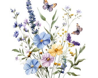 Watercolor Flower Clipart 15 PNGs Bundle, Wildflower Bouquet Illustrations, Floral PNG Set for Crafts, Stickers & Sublimation