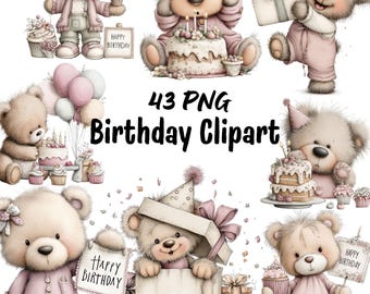 Paquete de imágenes prediseñadas de cumpleaños PNG, ilustraciones de cumpleaños en colores pastel, gráficos de feliz cumpleaños, imágenes prediseñadas de fiesta imprimibles, fondo blanco