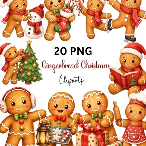 May include: A collection of 20 PNG Gingerbread Christmas Cliparts featuring gingerbread characters in red and white winter accessories. The illustrations show gingerbread figures decorating a tree, ice skating, reading, and holding holiday items.